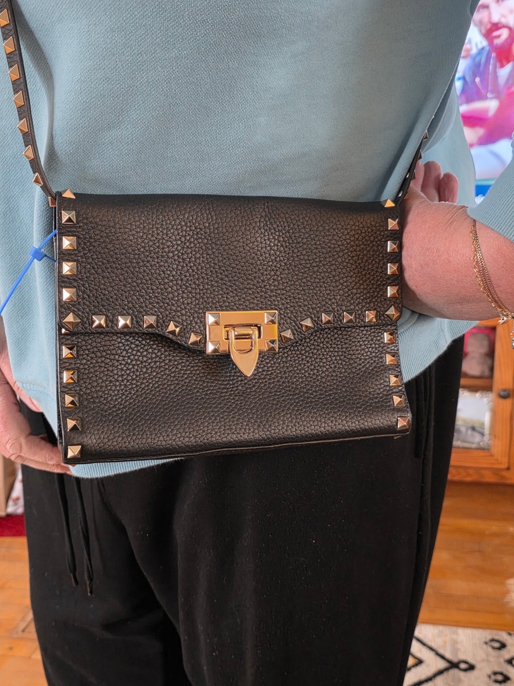 Valentino Rockstud Black Pebbled Leather Crossbody with Gold Studs